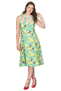 Dámské šaty Rockabilly Retro Pin Up Banned Toucan All Over Dress Yellow